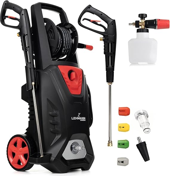 Lehmann LGAPW-3019 Profi Hochdruckreiniger mit Induktionsmotor, 3000 W, Ansaugfunktion, 492 l/h Fördermenge, 12 Meter Schlauch, Kompakter Flächenreiniger mit Reinigungsmittelbehälter inkl. Zubehör