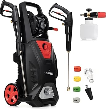 Lehmann LGAPW-3019 Profi Hochdruckreiniger mit Induktionsmotor, 3000 W, Ansaugfunktion, 492 l/h Fördermenge, 12 Meter Schlauch, Kompakter Flächenreiniger mit Reinigungsmittelbehälter inkl. Zubehör