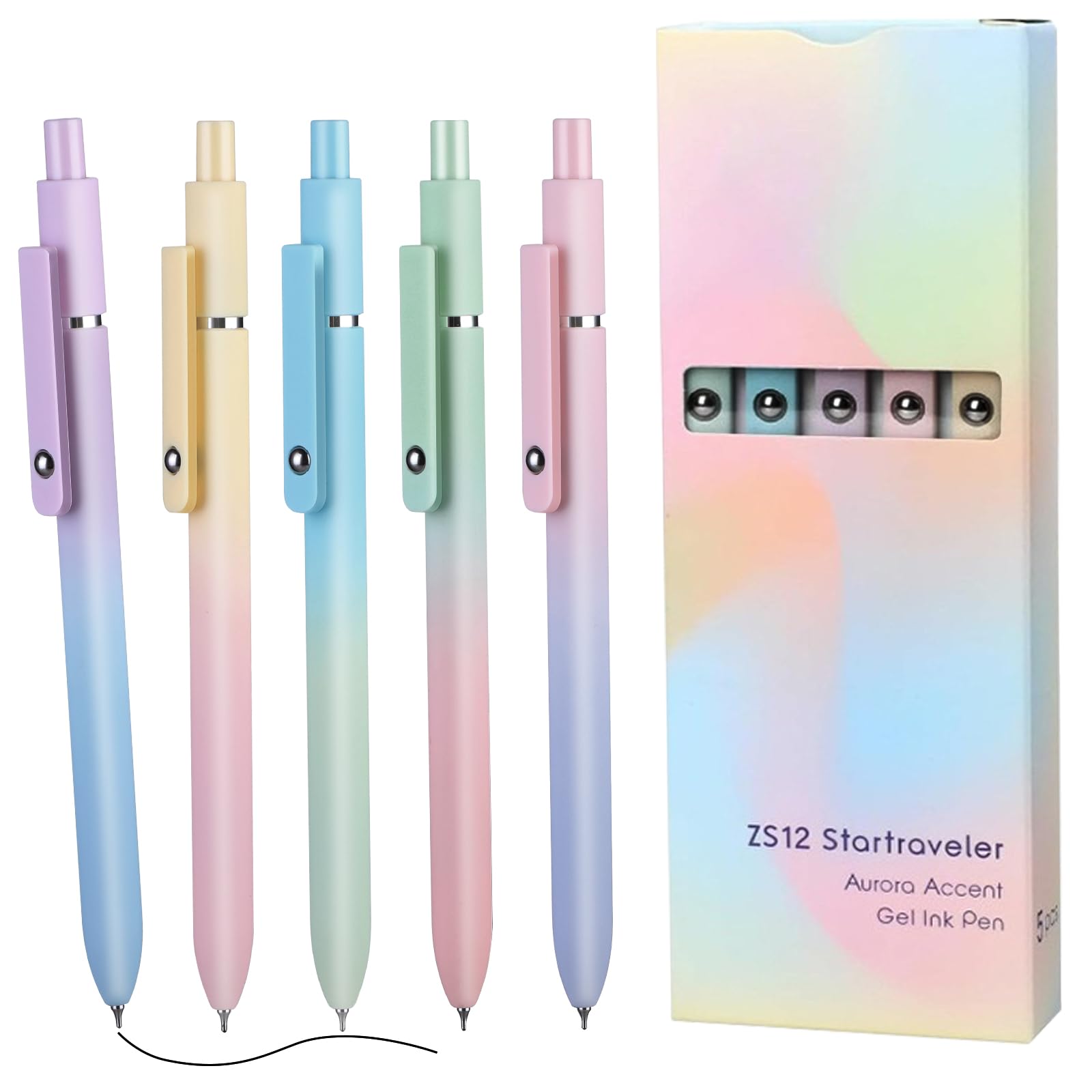 Cobee Aesthetic Ballpoint Pens, 0.5mm Retractable Gel Ink Pens Cute Ball Point Pen Black Smooth Writing Pastel Roller Ball Pens for School Office Gift Supplies 5 PCS (Gradient), 559201_1_TFNIC0XTA