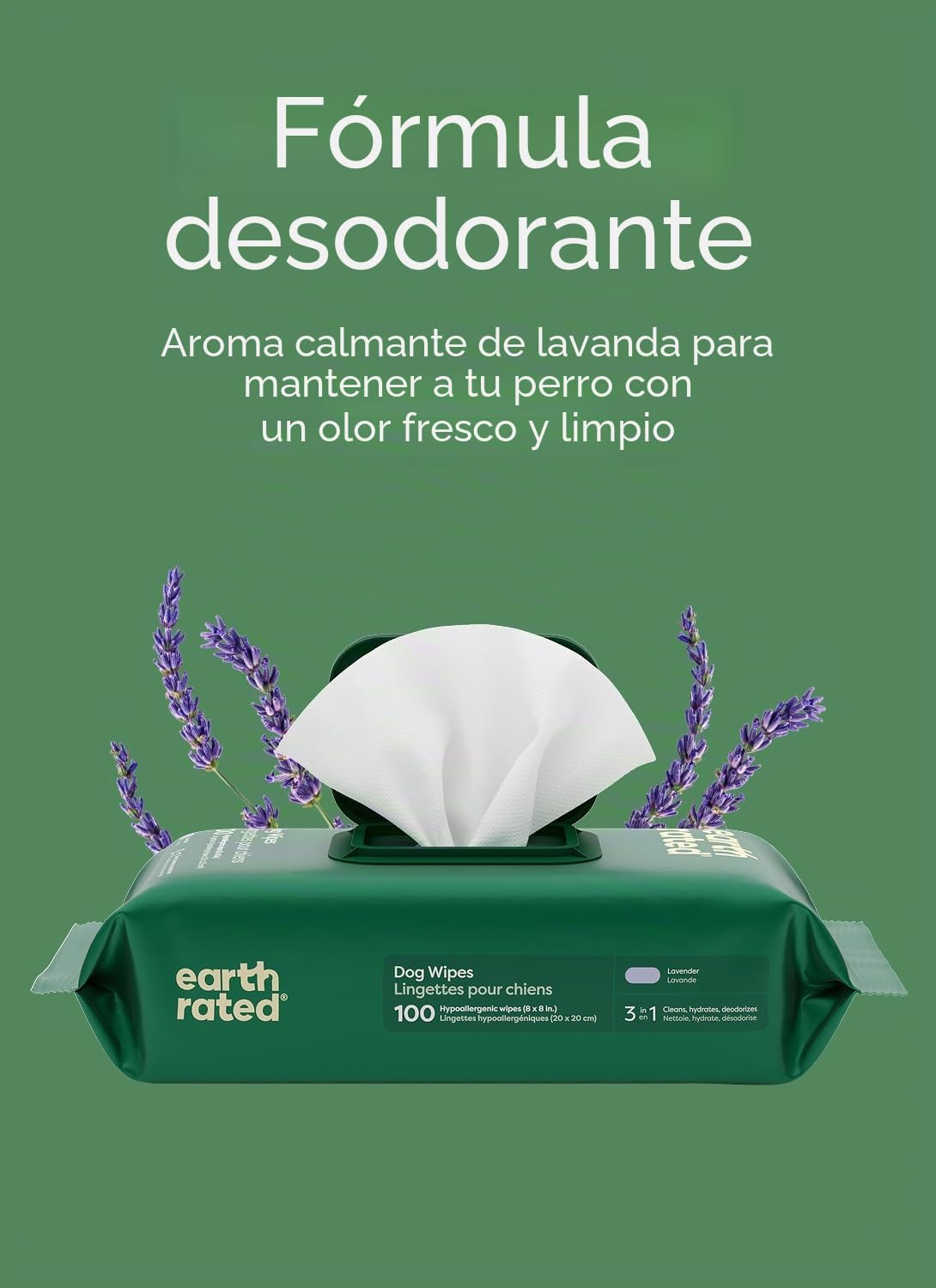 Earth Rated Toallitas hipoalergénicas para Perros, para Limpiar y Eliminar olores de Patas, Cuerpo y Trasero, Cachorros y Perros Adultos, Aroma a Lavanda, 100 Unidades