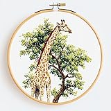 Cross Stitch Kits Counted Kit Cross-Stitching Pattern for Home Decor, 11CT Pre-Printed Fabric Embroidery Crafts Needlepoint Kit, Canvas 13.7 x13.7 inches (35x35cm)- Giraffe, Tree (P) 1