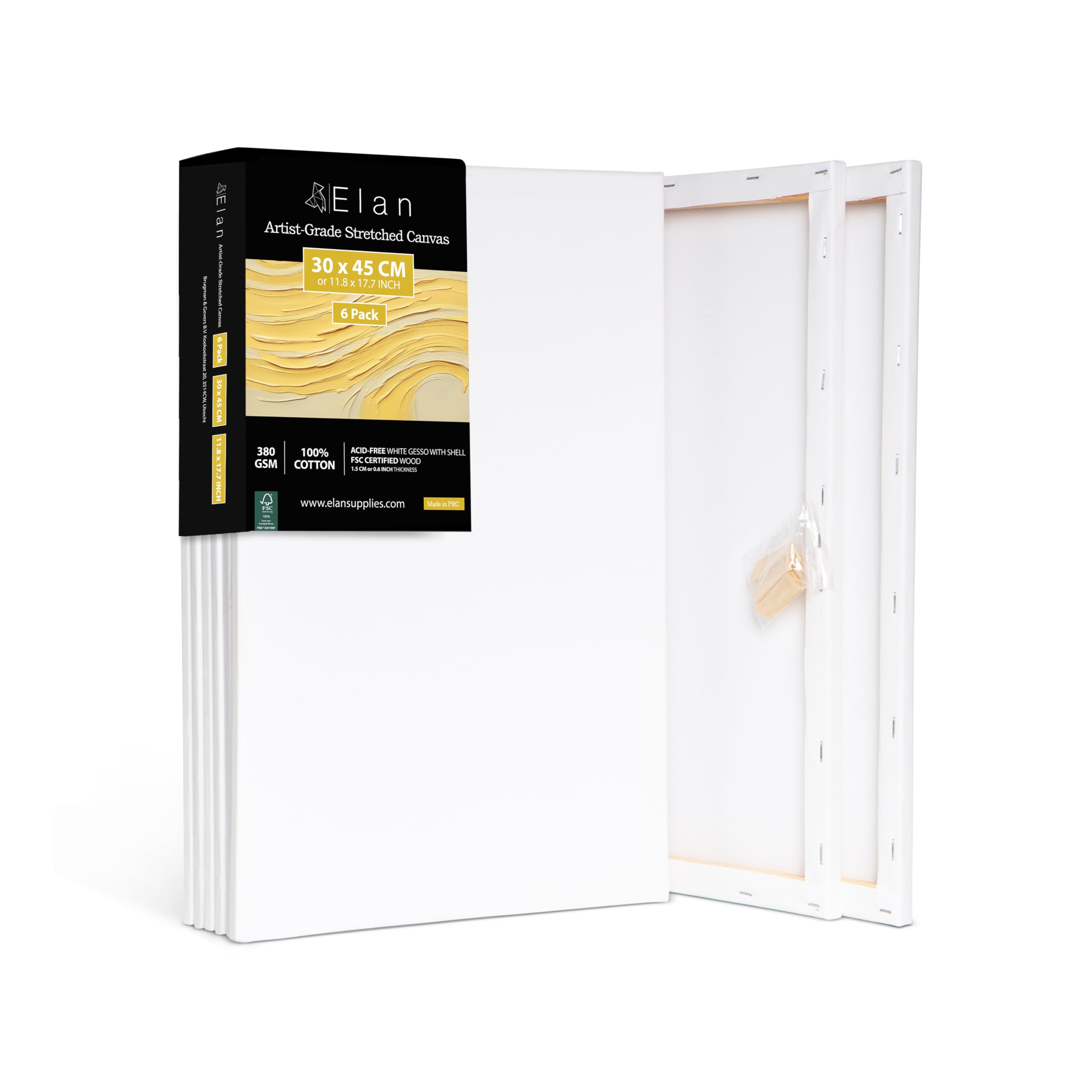 Elan Stretched Canvases 30x45 CM, 6-Pack A3 Canvas for Painting 380 GSM
