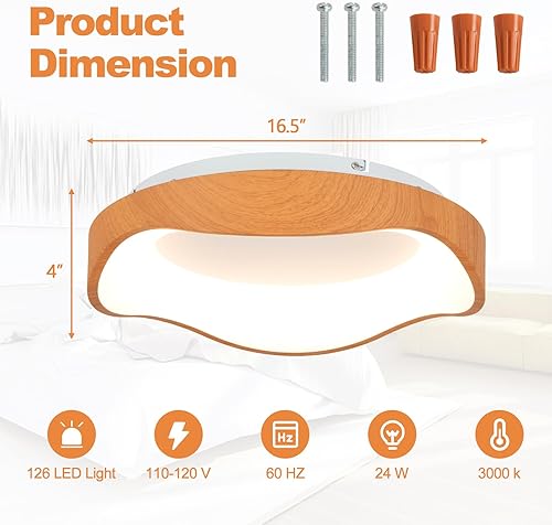 Miniatura 4 de Tangkula Lámpara de techo redonda LED empotrada, lámpara de techo de 16.5 pulgadas con patrón de madera, marco de metal, 3000 K, lámpara de techo