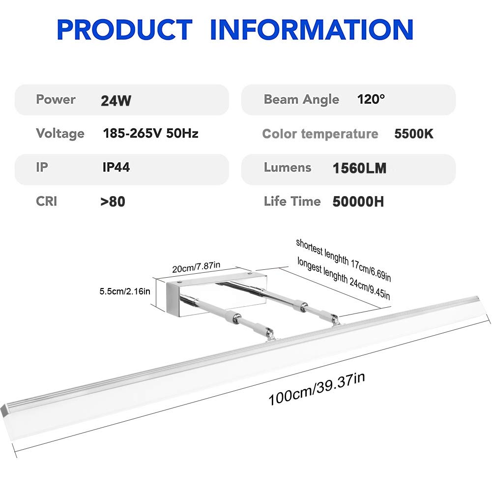 Klighten Lampe pour Miroir LED Salle de Bains IP44 24W 1560LM Lampe Miroir Applique Murale Intérieure Moderne Luminaire Salle de Bain Blanc Neutre 5500K 100CM