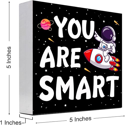 Miniatura 2 de Letrero inspirador de madera con texto en inglés "You are Smart, lindo astronauta montando cohete en el espacio, caja de madera, placa, decoración