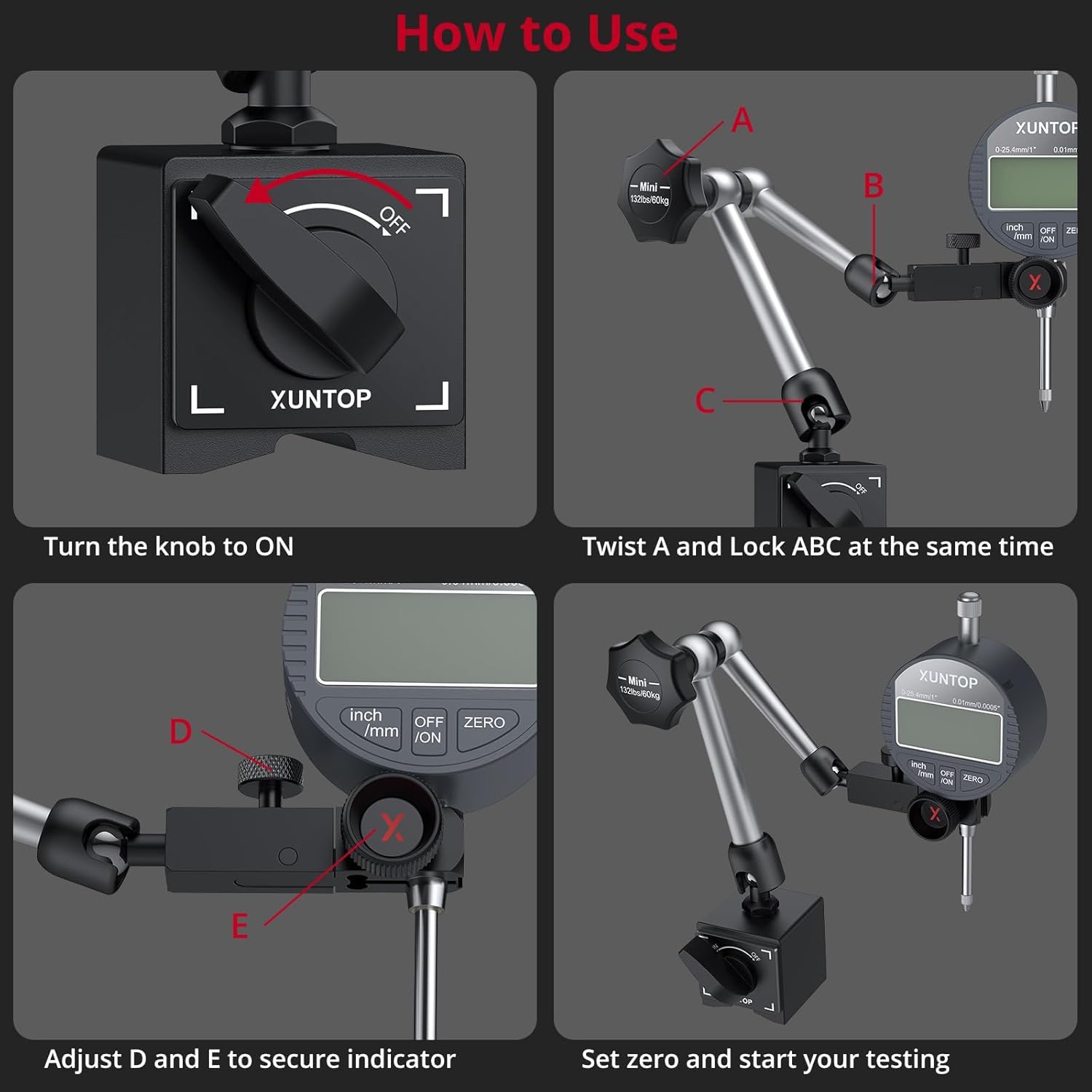 XUNTOP Reloj Comparador 0-25.4mm/1" Indicador de Cuadrante Digital con 132lbs/60kg Base Magnética Indicador de dial Digital con Conversión Pulgadas/Métrico y Puesta a cero para Torno, Impresora 3D