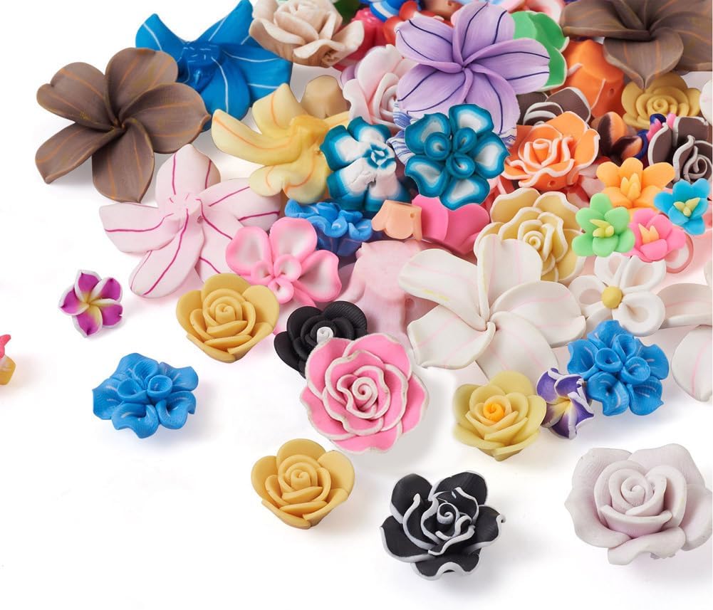 KISSITTY 50pcs Handmade Polymer Clay 3D Floral Beads - Assorted Plumeria Flower Spacer Beads for DIY Jewelry Necklace Bracelet Crafts