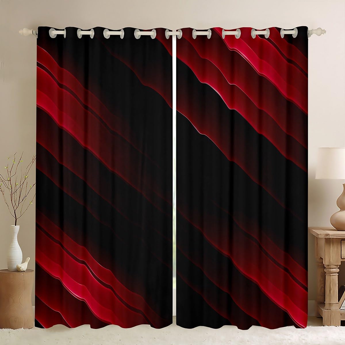 Feelyou Kids Red and Black Geometric Blackout Curtain (30%-50%) (2 Panels, 38x45 Inch) Modern Abstract Ombre Curtain for Bedroom Boys Girls Geometry Striped Decor Darkening Curtain Window Treatments