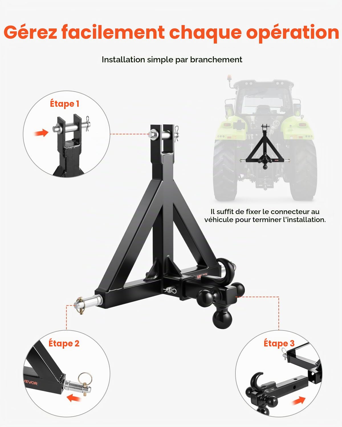VEVOR Attelage 3 Points avec Récepteur 5 cm, Fixation Rapide 3 Points, avec 3 Boules de Remorquage, Adaptateur Barre de Remorquage Robuste pour Travaux Agricoles pour Plupart Tracteurs à Attelage 5 cm