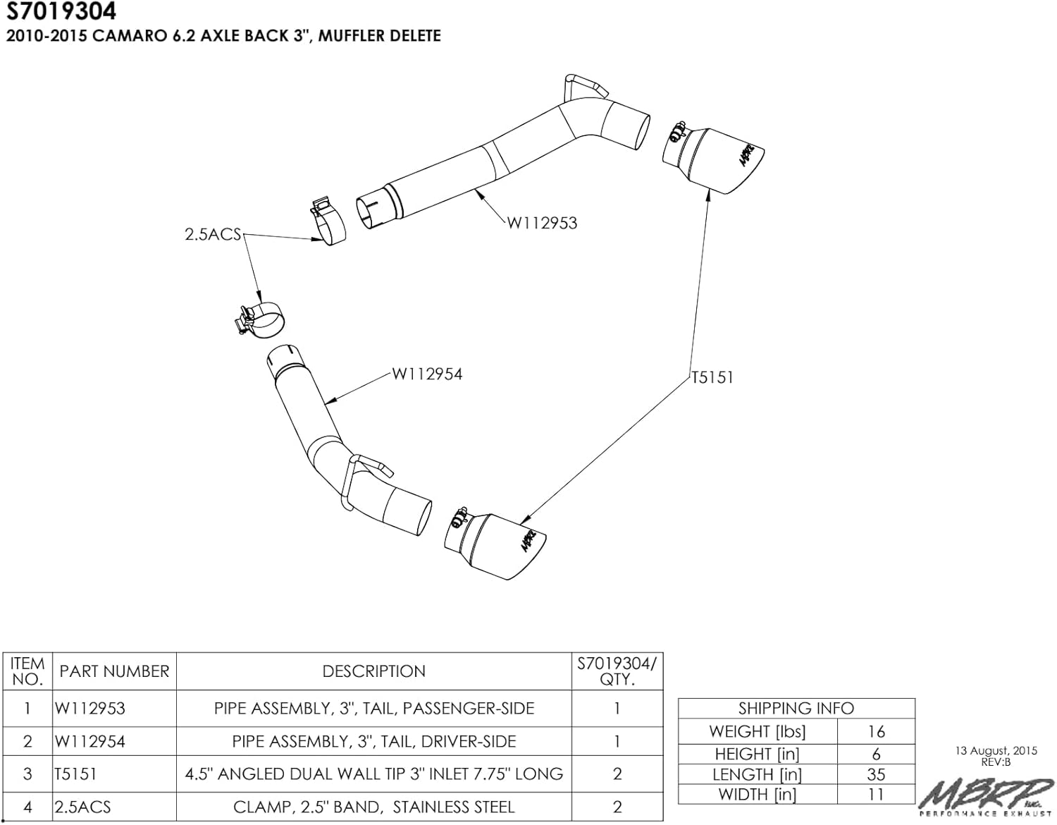 MBRP S7019304 3" Axle Back Muffler Delete (T304)
