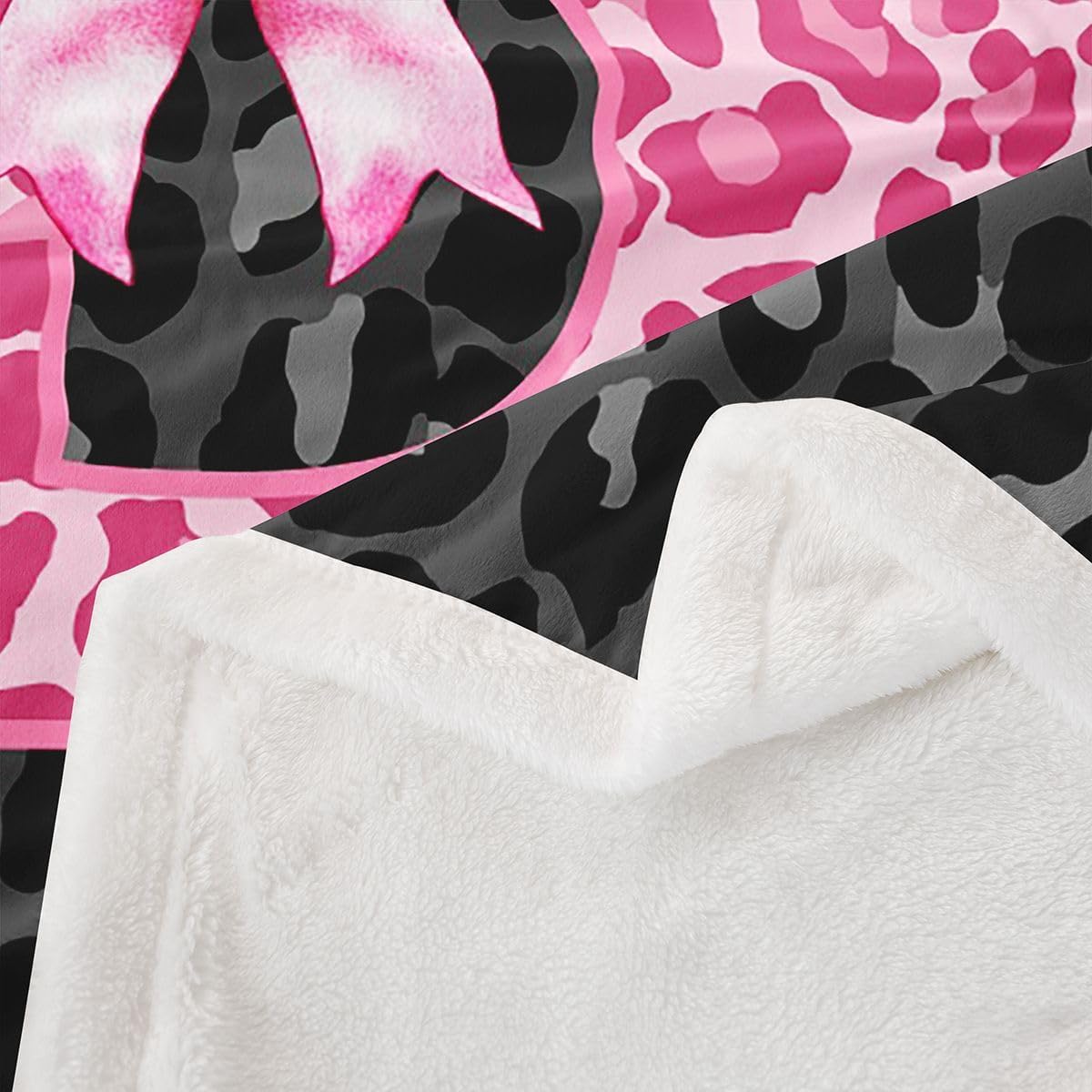 Erosebridal Pink Cheetah Print Bow Fleece Blanket Coquette Aesthetic Letter B Sherpa Blanket 60"x80" | Personalized Name Monogrammed Alphabet Fuzzy Plush Throw Girly Room Decor Grey