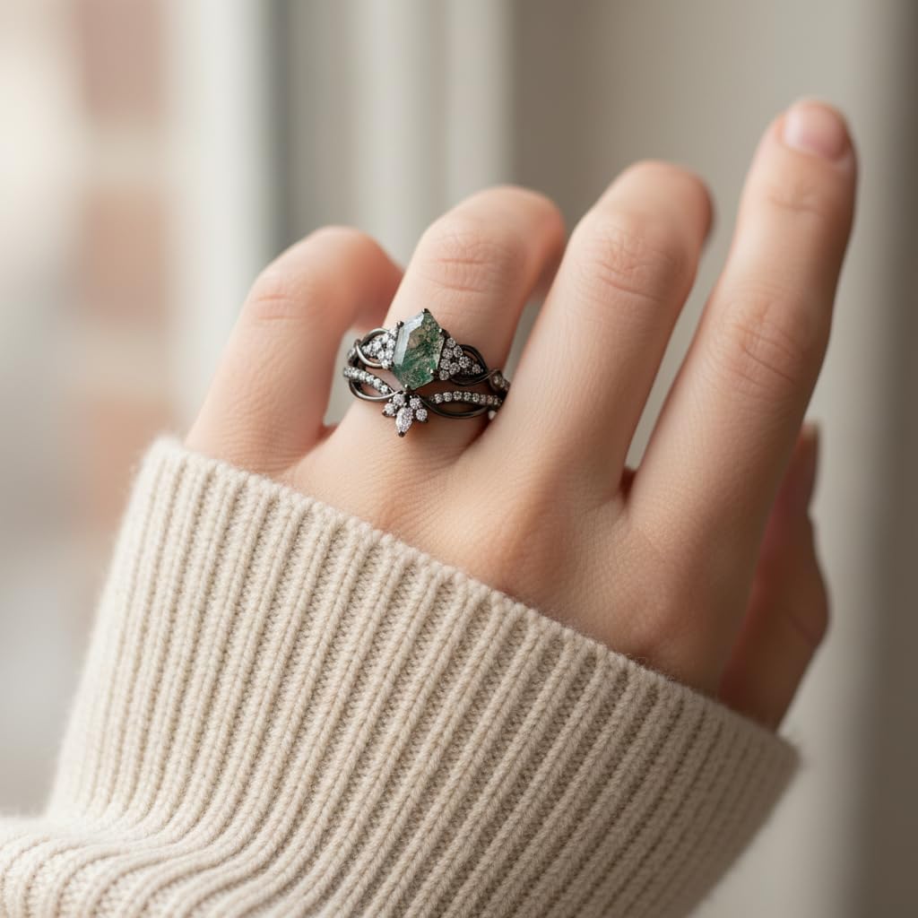 Natural Moss Agate Engagement Stacking Ring Customizable 10K /14K /18K Solid Gold Black Gothic Promise Wedding Stacking Rings Anniversary Promise Ring Size 4-15