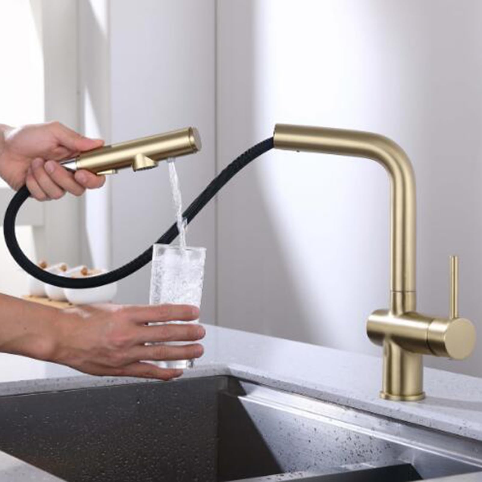 MXXQRHF 3 Way Kitchen Faucet Extendable Brushed Gold Kitchen Faucet Telescopic Brass Shower Mode Mixer Faucet Kitchen Extendable, Gold