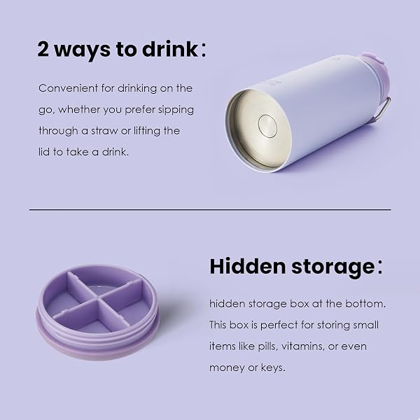BOTTLE BOTTLE Gourde isotherme avec pilulier Bouteille isotherme de 900 ml Gourde sport en acier inoxydable pour l'extérieur, la randonnée (violet clair) - 5