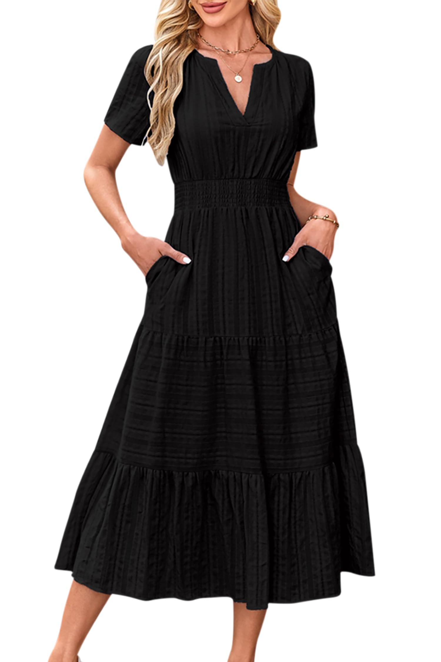 VEVESMUNDO Abito estivo da donna, a maniche corte, in cotone, casual, con scollo rotondo, per il tempo libero, con tasche