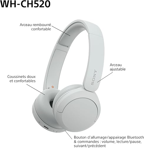 Sony WH-CH520 - Casque Bluetooth sans Fil, Multipoint, Micro intégré - jusqu'à 50 Heures d'autonomie et Charge Rapide - Blanc - 8
