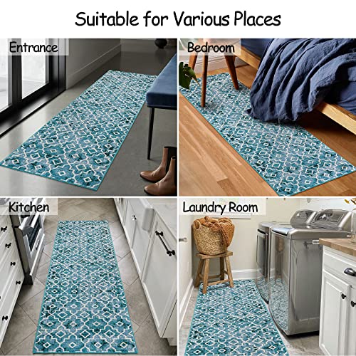 Moynesa Runner Rug 2X7, Washable Area Rug Teal Bathroom Throw Mat Non Slip Soft Kitchen Rug Runner Modern Moroccan Stain Resistance Hallway Laundry Room Stair Carpet Runner For Living Room Bedside #TOP4