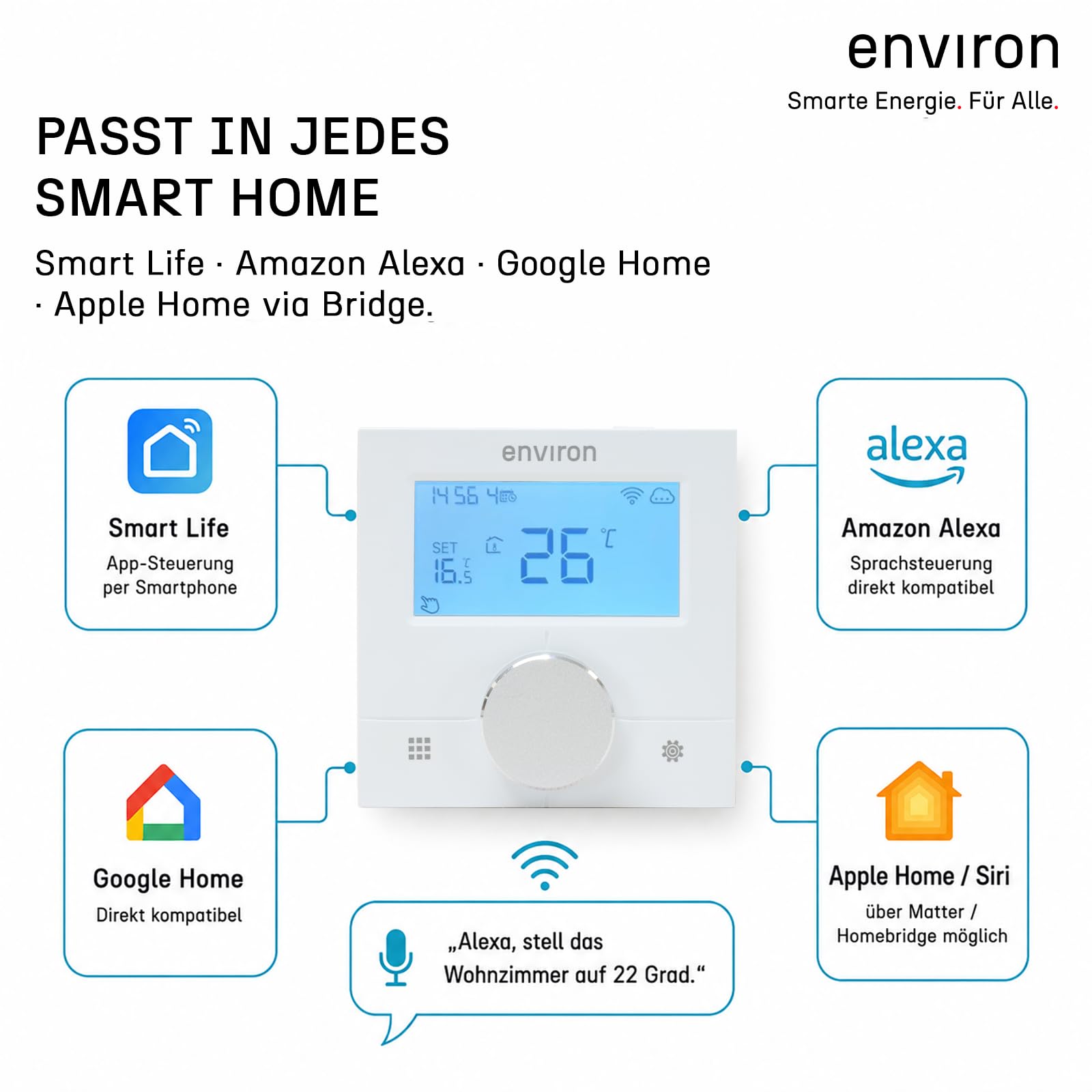 ENVIRON® Thermostat fußbodenheizung ENRTH3 - Digital mit WLAN und App-Steuerung | Kompatibel mit Alexa, Tuya, Smart Life APP | Intelligent Heizen & Kühlen | Raumthermostat