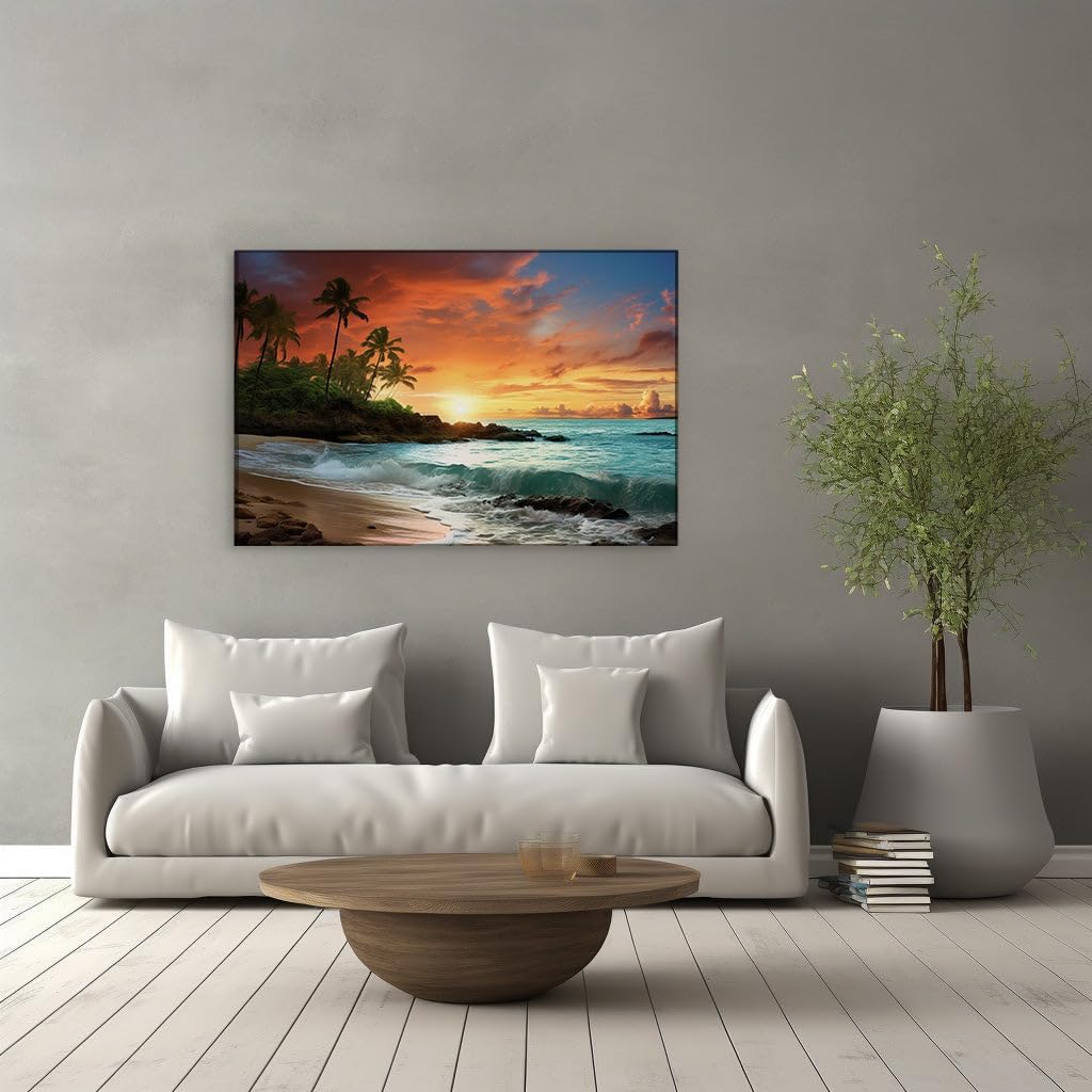 Canvas for Living room. Sunset Serenity: Unwind by the Gentle Waves of a Tropical Beach Escape, 27 x 18 inch Canvas Wall Art - Contemporary Masterpieces - Botanical Home Decor - 91x61 cm (36x24 inch)