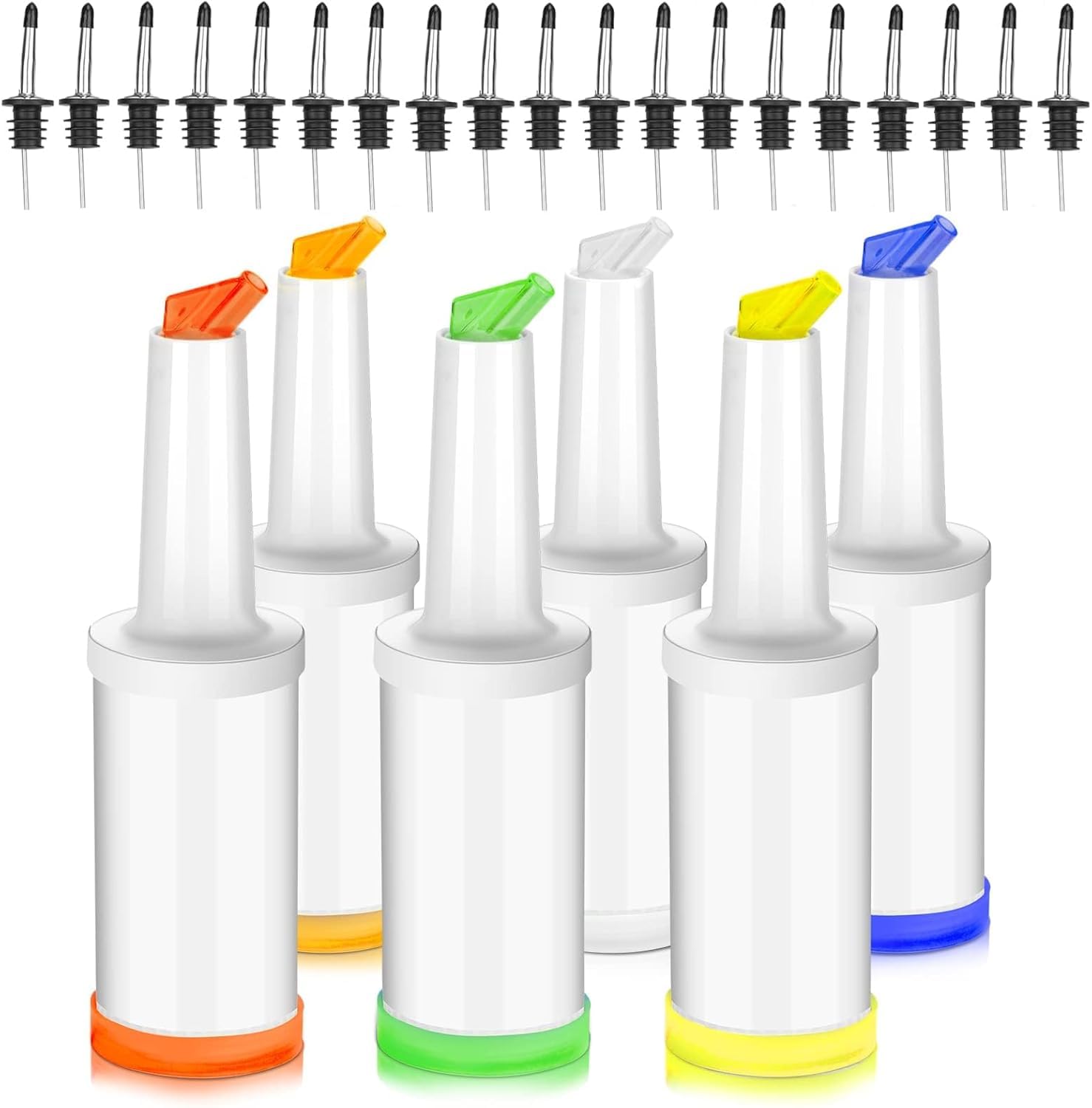 6 Pcs Juice Pour Bottles & 20 Pcs Pourers, Fruit Juice and Liquor Pour Bottles Bar Supplies, Plastic Juice Pour Bottles with Stainless Steel Bottle Pourer Tapered Spout