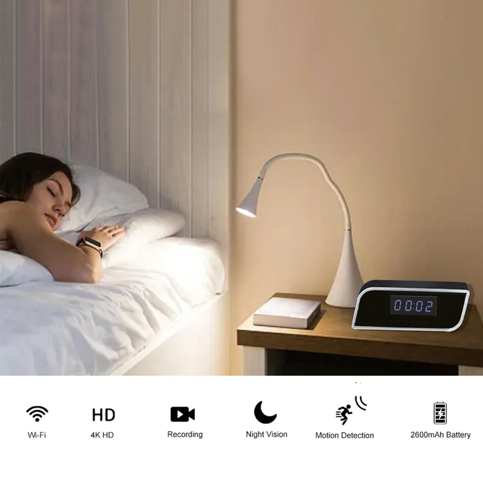 VBESTLIFE Orologio per Telecamera di Sicurezza, Orologio per Telecamera WiFi FHD, di Sicurezza Wireless per Interni con Display Dell'ora a LED, Visione Notturna, Rilevamento del