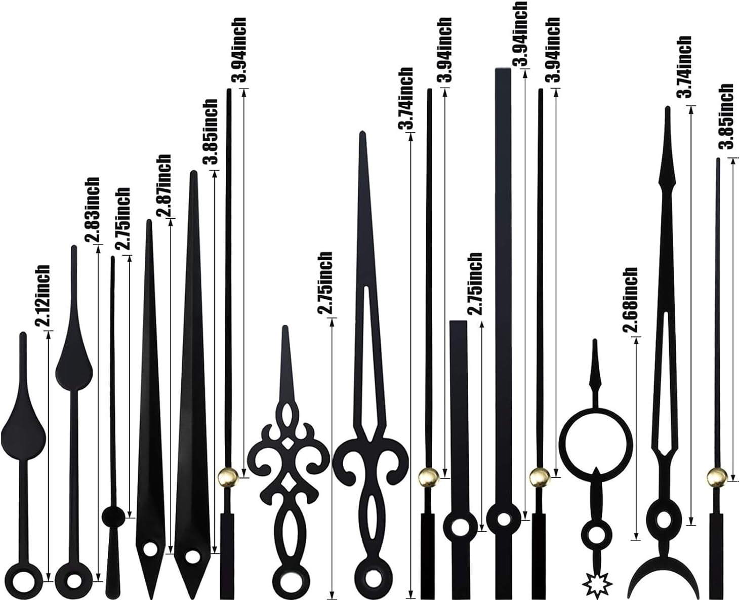 14-Piece Black Clock Hand Set, Silent Movement, Aluminum Replacement Parts for Clock Repair DIY, 14 Sizes Available, Black
