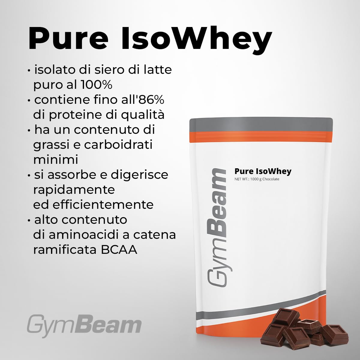 GymBeam Pure IsoWhey - 100% Proteine Del Siero Di Latte Isolate, 86% Contenuto Proteico, Basso Contenuto Di Grassi E Zuccheri, Gusto Delizioso, Ideale Per Massa Muscolare (1000 g, Cioccolato)