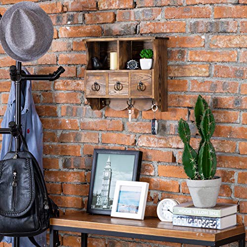 Mygift Vintage Brown Wood Small Wall Shelf, Decorative Cubby Display Cabinet With 3 Pull Out Drawers And Key Hooks #TOP1