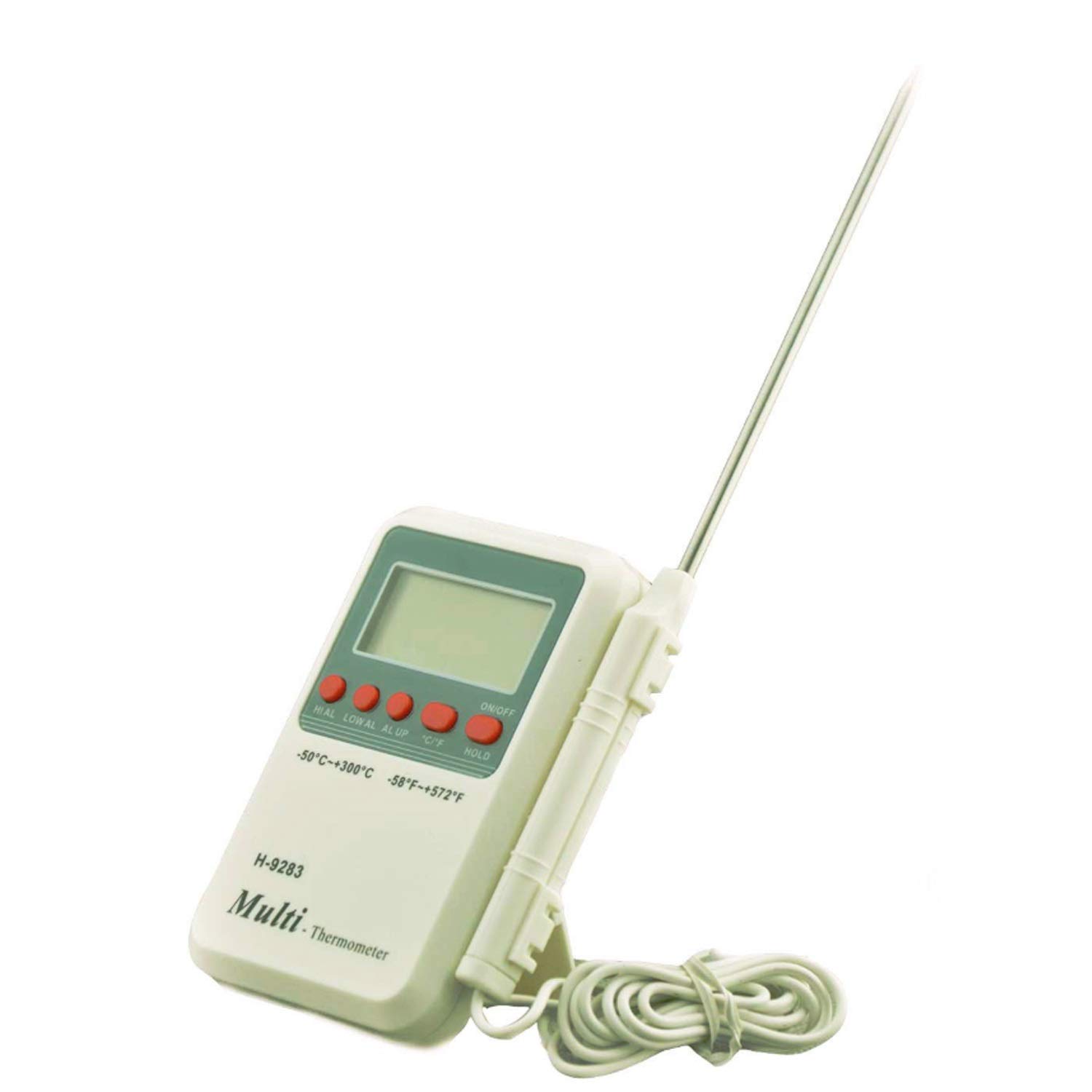 Termómetro digital H-9269 Termómetro digital for alimentos con alarma de temperatura alta y baja. Mini sensor de acero inoxidable for colgar en la pared del escritorio incluido. Plato for barbacoa