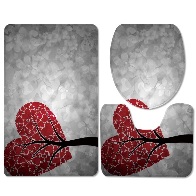 Bad Teppiche Set Graues Rotes Herz Badezimmerteppich Waschbar WC Vorleger mit Ausschnitt und WC Deckelbezug 3 Teilig Badematte rutschfest Toilettensitzbezug Badgarnitur 45x75 cm