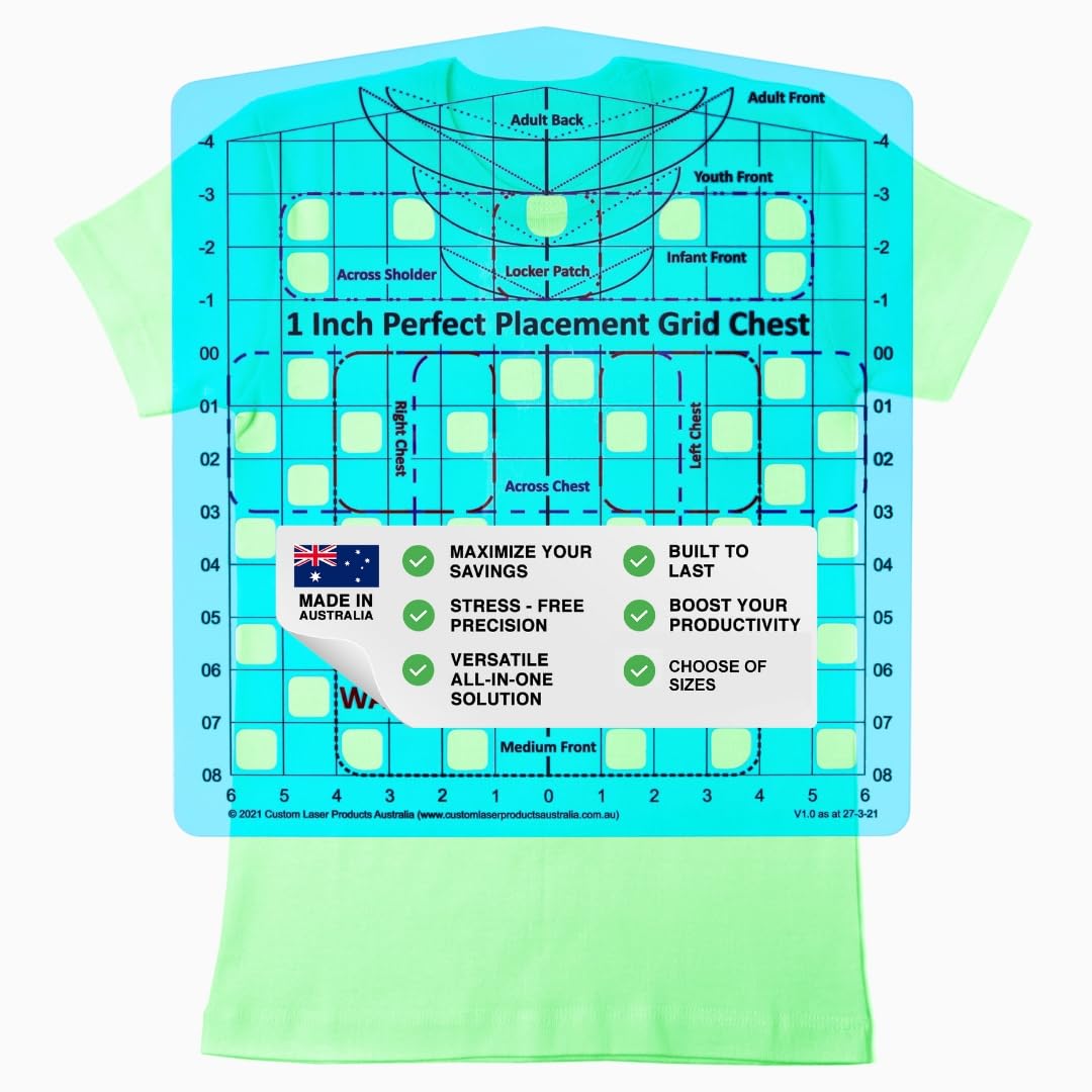 T-Shirt Ruler Guide, Chest Placement Heat Press Alignment | Australian Designed and Made; DTF and Embroidery; Pocket and Custom Positions; Neck and