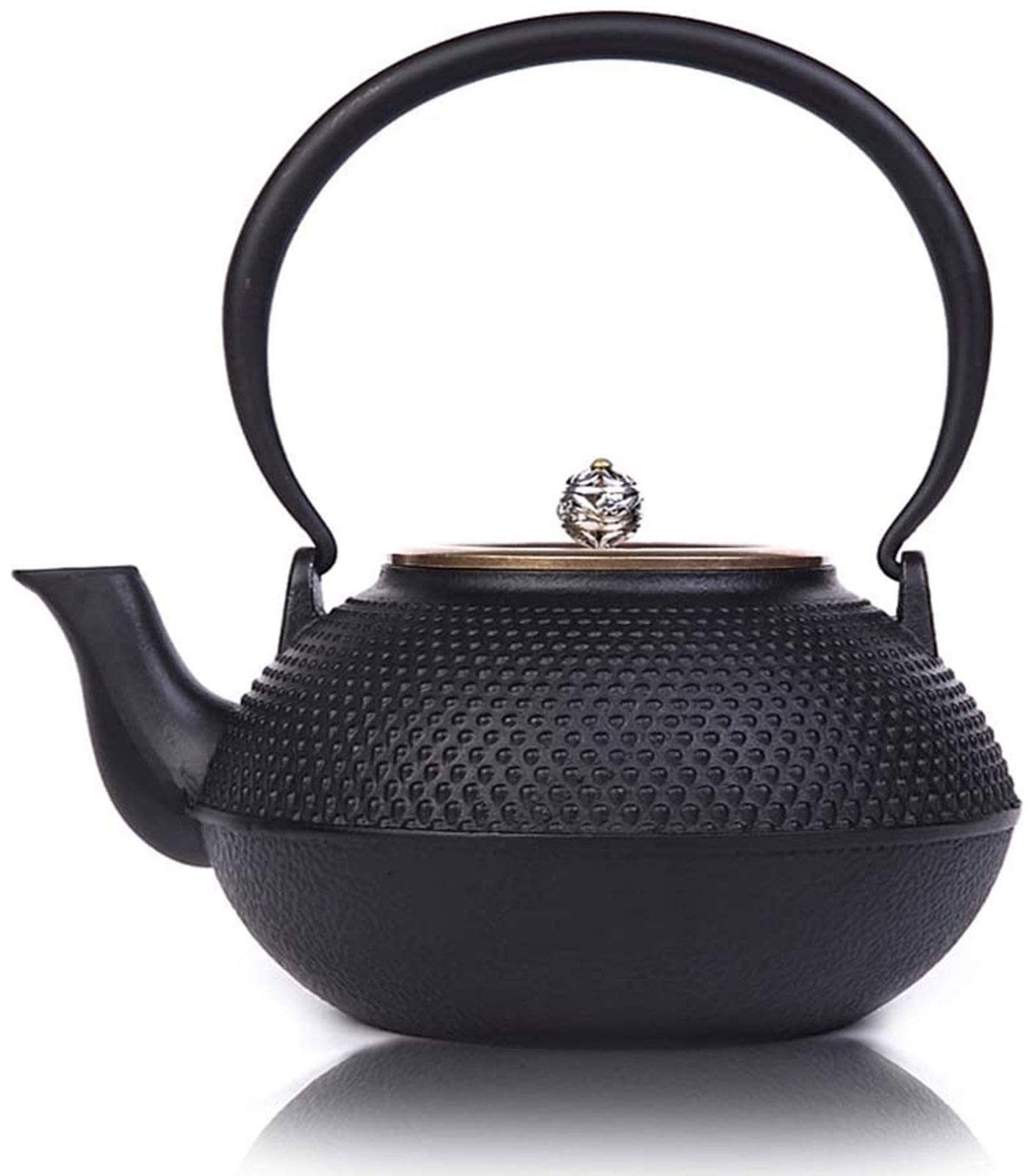 MGEMJMJ 1250ml Teaware Japanese Tetsubin Tea Kettle Cast Iron Hobnail Teapot With Brass Lid Silver Button, For Loose Leaf Tea, Black