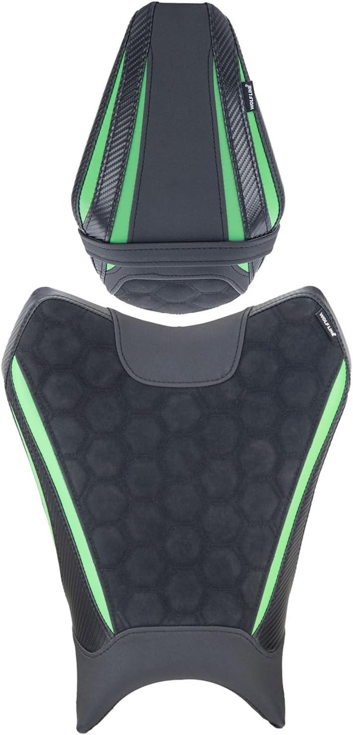 Motorcycle Rider & Passenger Comfort Seat Fit for ZX636 Ninja ZX-6R 2019 2020 2021 2022 2023 2024 2025 2026, Front Rear Solo Saddle Back Cushion Pillion Pad Set, Green