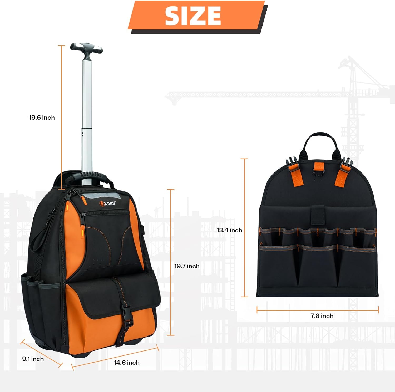 KUNN Rolling Tool Backpack, Heavy Duty 37-Pocket Tool Bag with Wheels for Electrician Construction HVAC, Orange