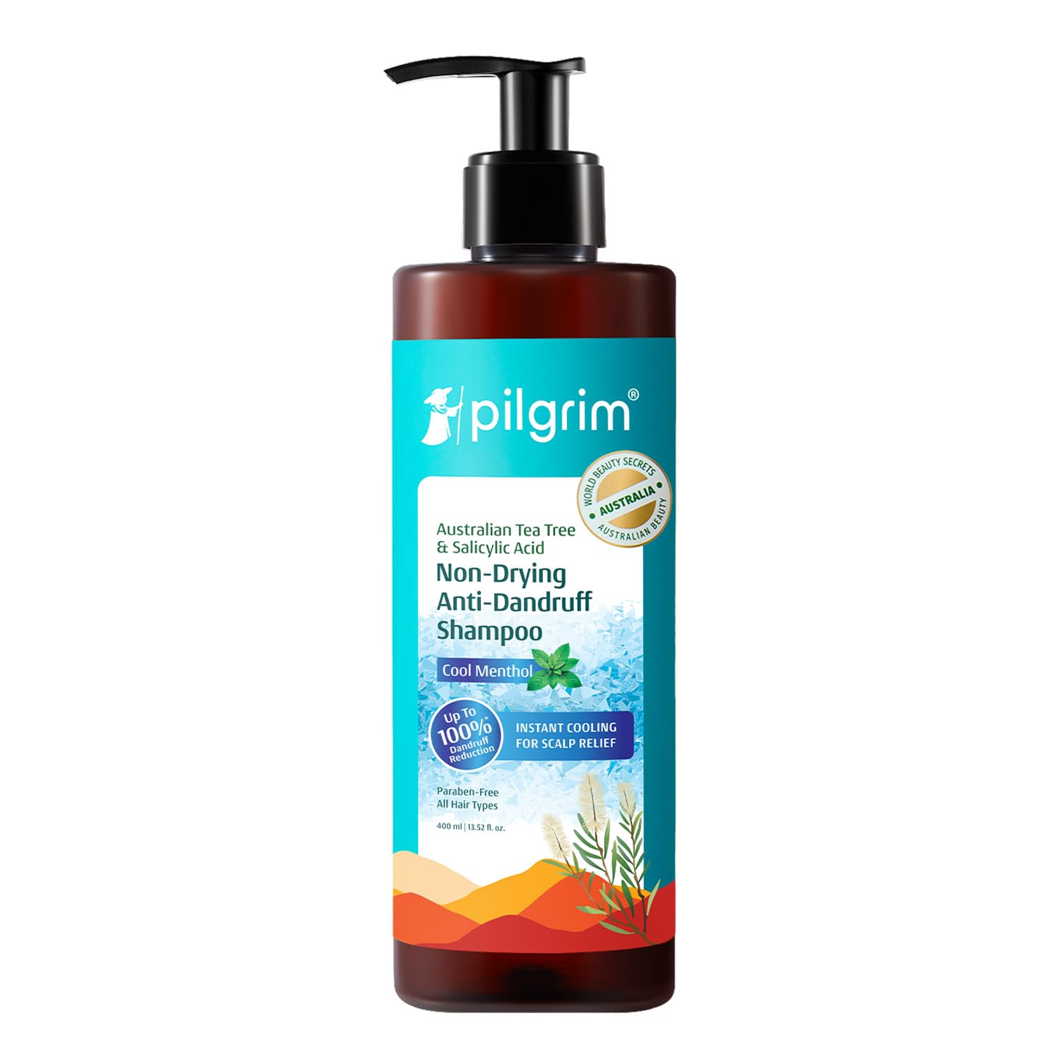 Pilgrim Australian Tea Tree & Salicylic Acid Anti-Dandruff Shampoo with Cool Menthol | Up to 100% Dandruff Reduction*| Soothes Itchy Scalp | Non-Drying Formula | All Hair Types | For Men & Women (400ml)