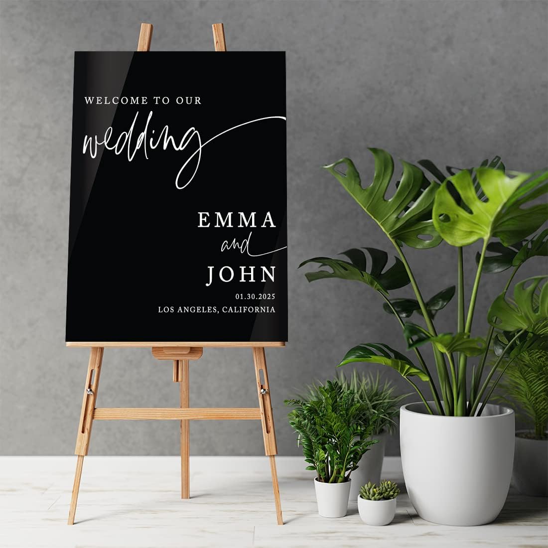Andaz Press Personalized Welcome To Our Wedding Sign, Minimal Modern 16" x 20" Custom Black Acrylic Wedding Welcome Sign for Reception, Ceremony, Easel Stand