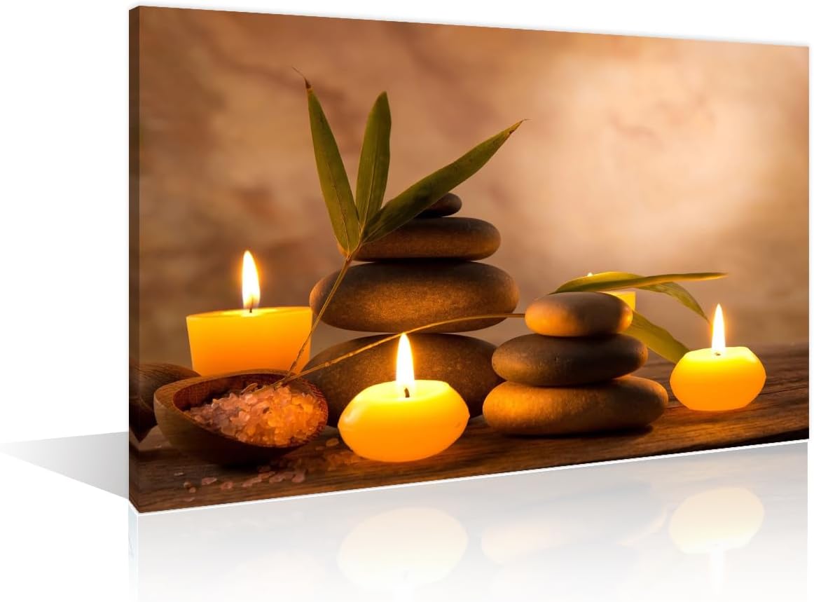 Massage Stones Home Decor Candles Leaf Pictures Wall Art for Living Room 1 Panel Zen Scenic Relax Black and White Wall Art Posters and Prints Stretched and Framed Ready to Hang (12" Wx18 H)