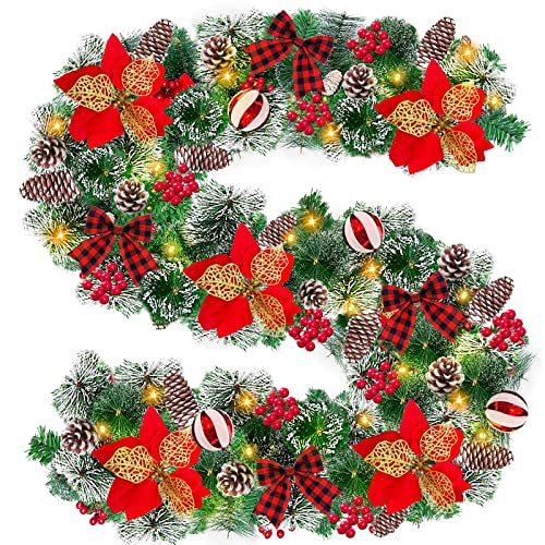 TURNMEON 9 Ft Christmas Garland 100 Lights Timer 8 Modes 198 Red Berries 18 Pinecones 4 Xmas Balls 30 Snowy Bristle Pine 5 Poinsettia Battery Operated Christmas Decoration Indoor Home Mantle Fireplace