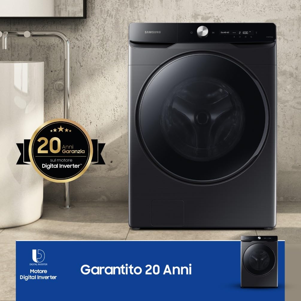 Samsung Lavatrice AI Control WF20DG8650BV/U3 Libera installazione, 20 Kg, Wifi, Ecobubble, AI Wash, Vapore Igienizzante, Carica Frontale, Corpo: Bianco, Oblò: Nero, 68,6l x 98,4h x 87,5p cm