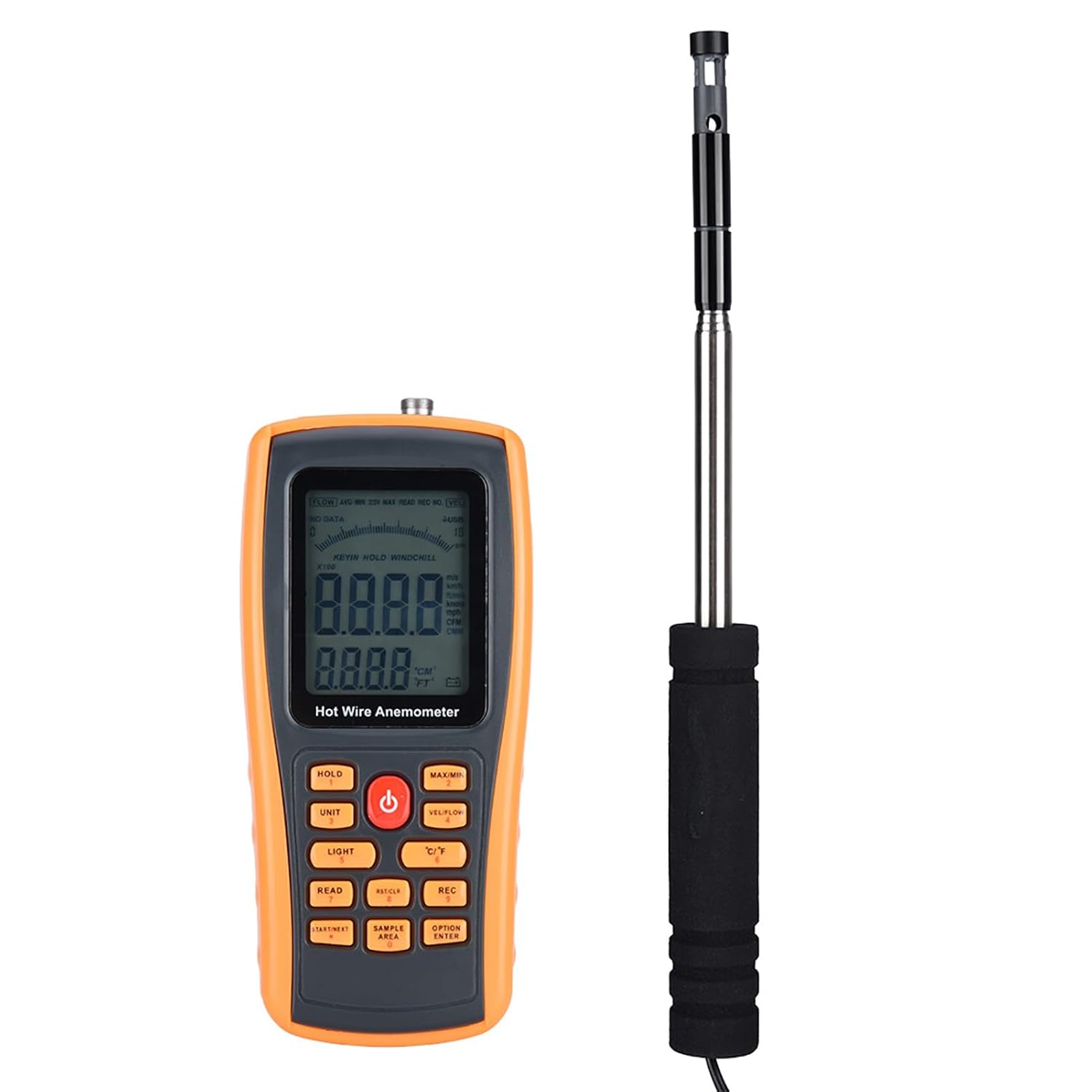 Air Flowing Velocity Meter Wind Speed Gauges, Hot Wire Anemometer Digital Wind Speed Meter Thermal Anemometer with 500 Data Storage LCD Backlight USB Output for Outdoor HVAC