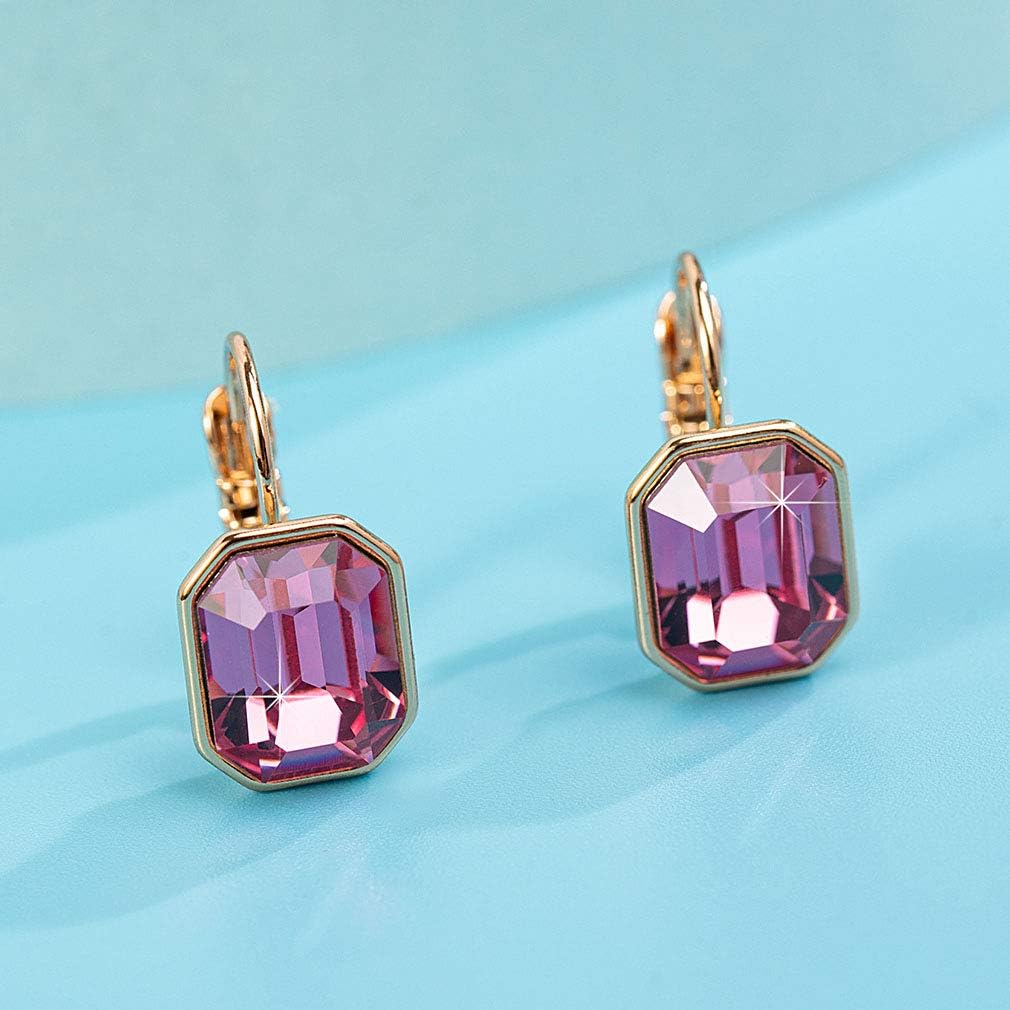 Austrian Crystal Octagon Leverback Drop Earrings for Women 14K Rose Gold Plated Hypoallergenic Jewelry - Image 5