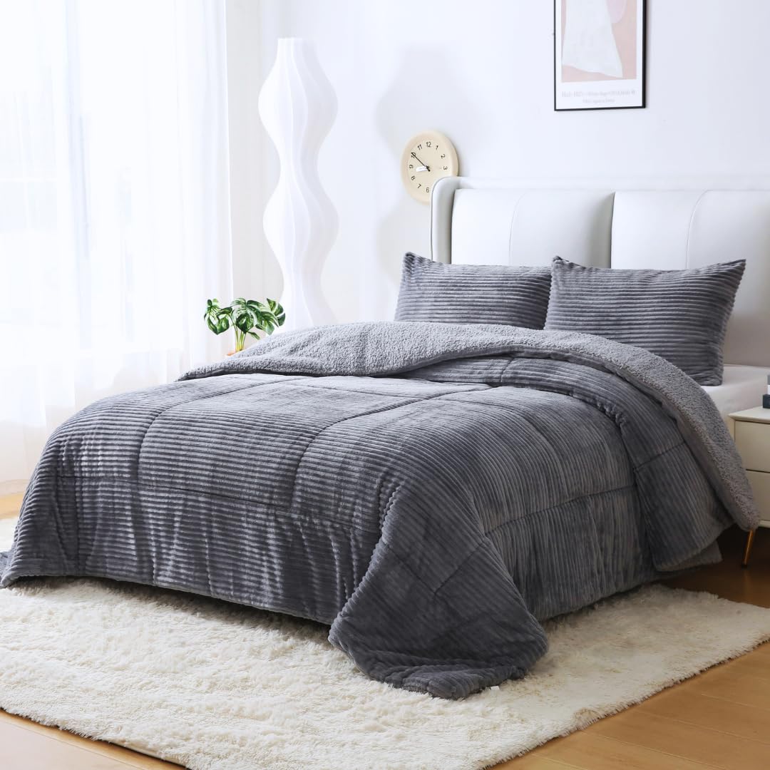 KUMY Edredón Invierno con Sherpa Borreguito + Funda de Almohada- Suave, Cálido- Disponible Cama 90,135 y 150 (Cama 150, Gris)