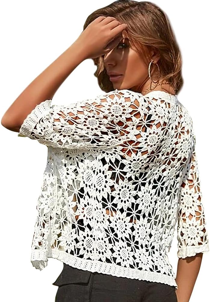 Women Cotton Casual Floral Lace Crochet 3/4 Sleeve Cardigan Boho Cover Up Shrug