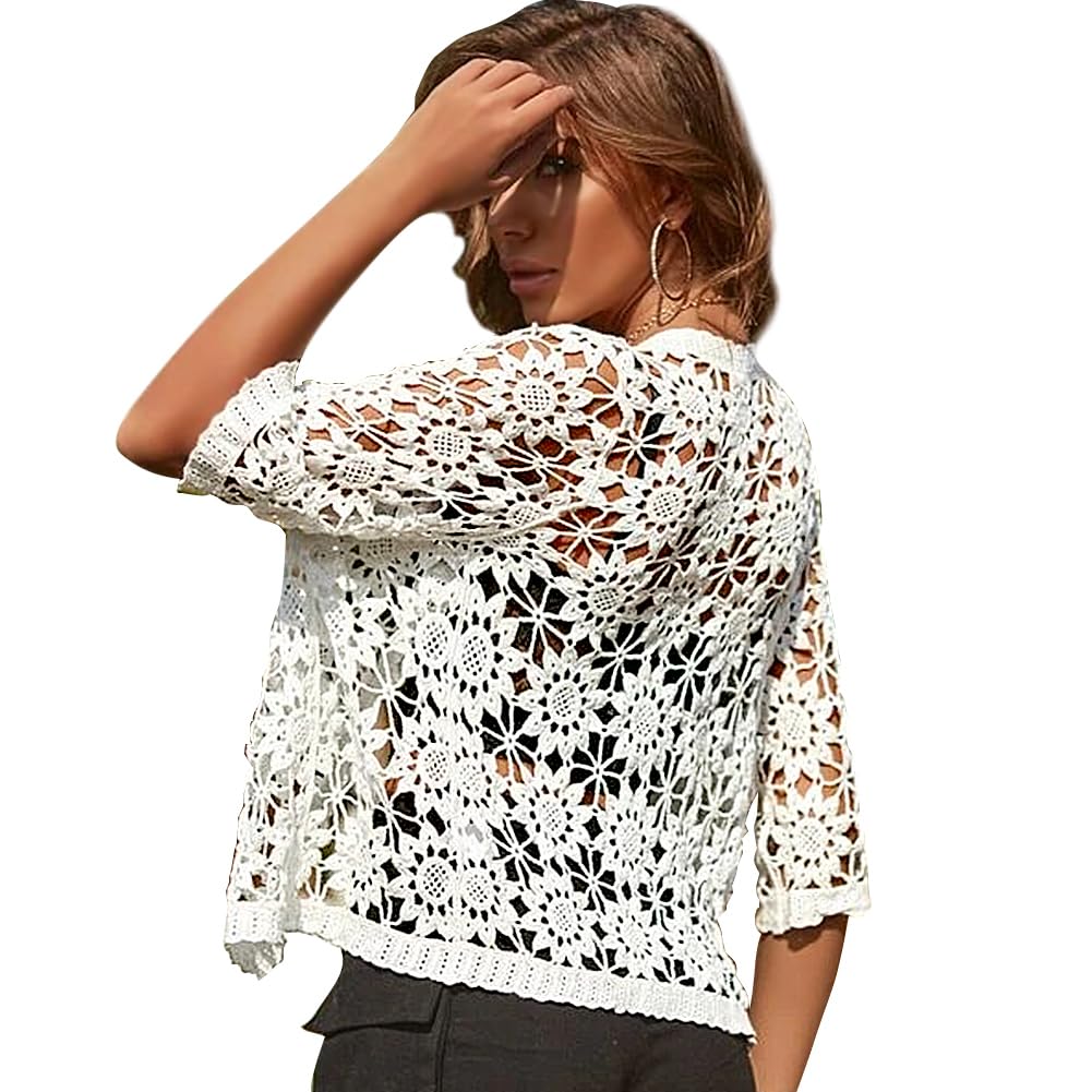 Women Cotton Casual Floral Lace Crochet 3/4 Sleeve Cardigan Boho Cover Up Shrug