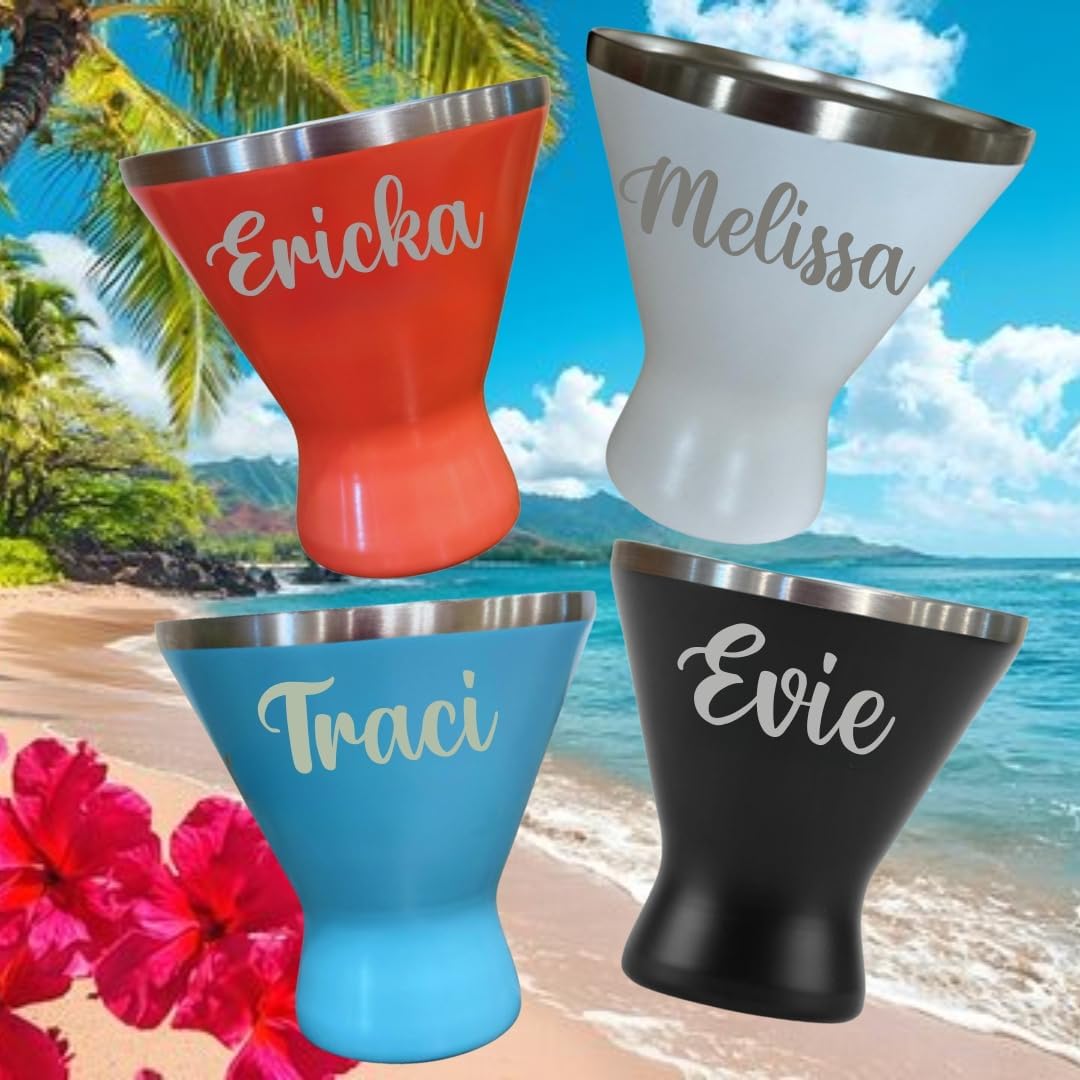 Personalized Stainless Steel Insulated Cocktail Tumbler with Lid, 10 oz, Stemless Martini Glass, Wine Glass, Cocktail Tumbler, Laser Engraved with Name - 4 Color Choices (Bright Coral)