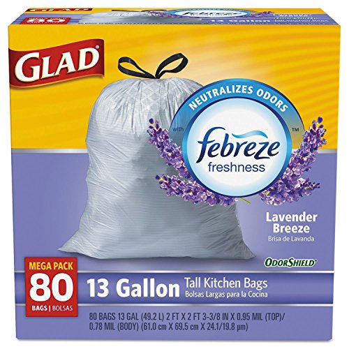 Image of Glad OdorShield Tall Kitchen Drawstring Bags, Lavender, 13 gal, White, 80 /BX, 4 BX /CT