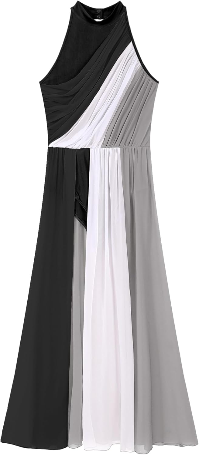 Color Block Women Lyrical Contemporary Dance Costume Mock Neck Mesh Flowy Long Skirt Dance Dress