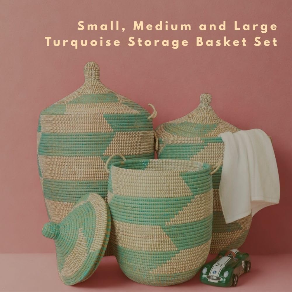 Storage and Organizing - Baskets, Hampers, Wicker, Woven, Round, Lid, Handles, Turquoise White (Large)
