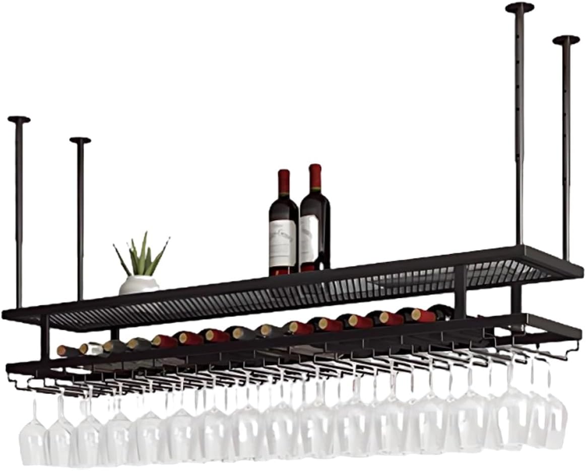 Ceiling Wine Rack for Bar & Wine Glass Organizer Adjustable, Durable Storage for Wine Bottles and Glasses, Perfect for Commercial or Home(Black,120cm)