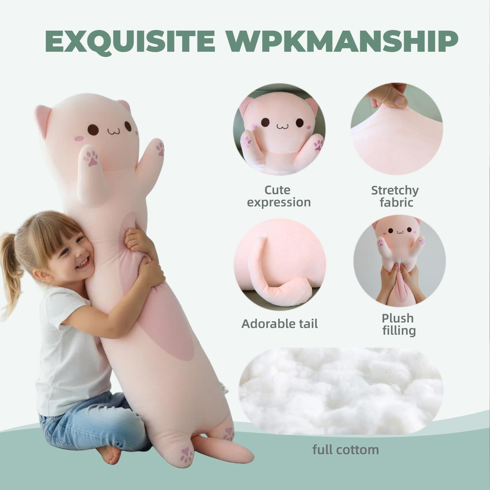 Długa pluszowa poduszka w kształcie kota, 110 cm, ultramiękka, wypchane zwierzę poduszka do ciała dla dzieci i dorosłych, uroczy pluszowy kotek, kawaii, prezent dla miłośników kotów